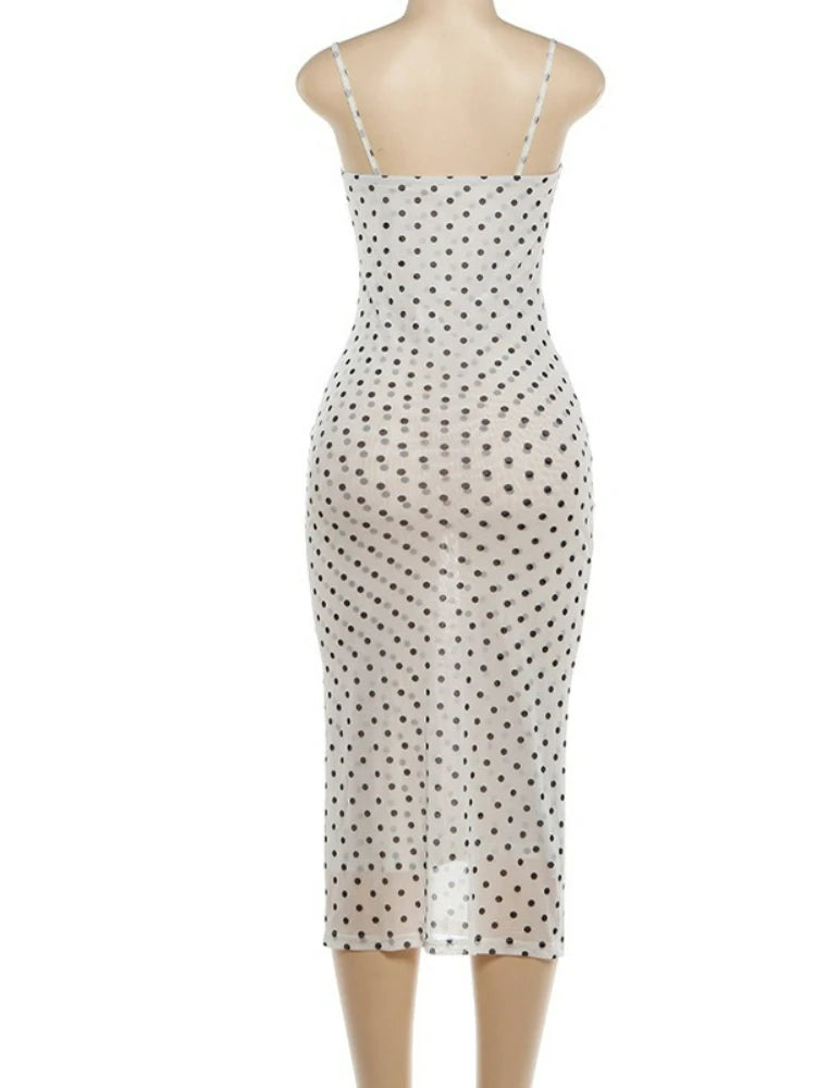 FDYOUI Woman Clothing Elegant Spaghetti Strap Polka Dot Midi Dress Ladies Sexy Lace Patchwork Sleeveless Slim Party Club Dresses