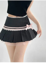 Striped Contrasting Color Bow Lace Splicing Pleated Skirt Women 2026 Summer American Style Low WaistA-line Short Skirt UBFK