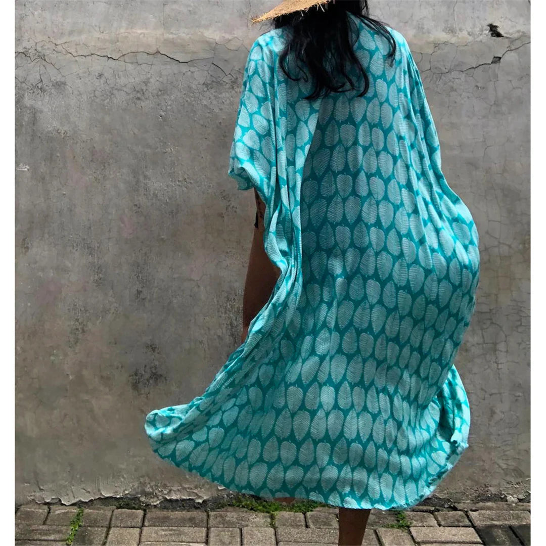 7 Colors Leaves Printed With Belt Half Sleeve Tunic Beach Cover Up Cover-ups Beach Dress Beach Wear Beachwear Female Women V4511