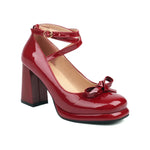 Big Size 43 Sweet Bow knot Mary Janes Shoes Cute Burgundy Ankle Strap Pumps Lolita Platform Block High Heels White Wedding Pumps