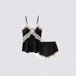 Womens Sexy Satin Pajama Set Lace Trim Cami Top Shorts Lingerie Sleepwear Silky Black Cream V Neck Spaghetti Strap Two Piece