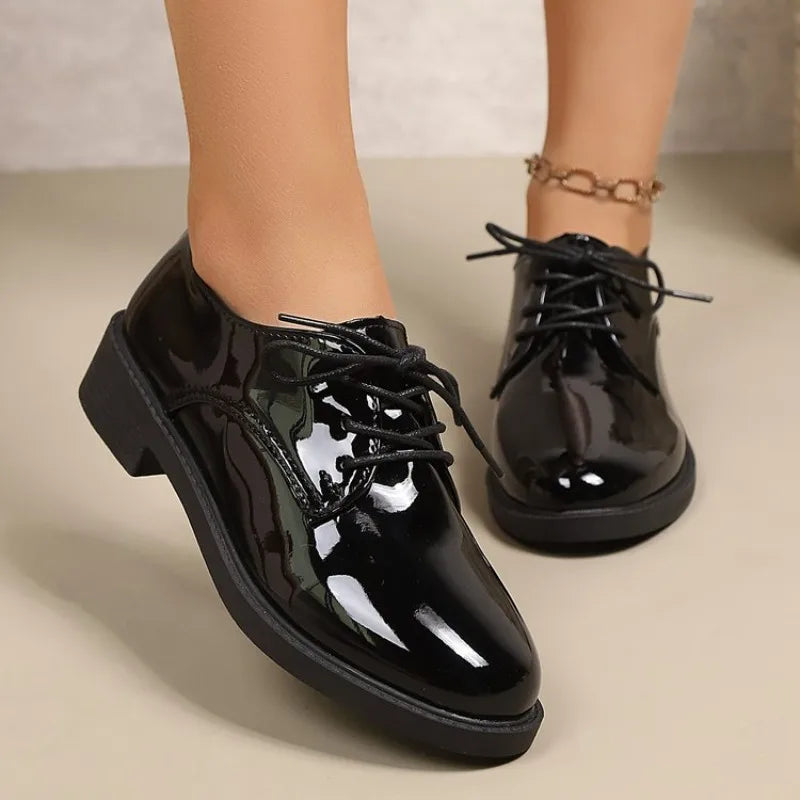 British Style Versatile Lace-Up Patent Leather Women's Single Shoes round Toe Flat Heel Summer Pure Color Adult Footwear