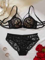 Women Floral Lace Lingerie Set Solid Thin Straps Push Up Sexy Bra Romantic Sheer Intimate Underwear