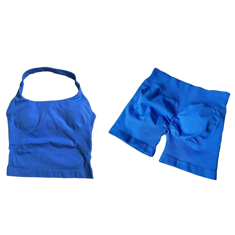 Yoga Sets Women Gym Clothes Longline Strappy Top High Waist Shorts Activewear 2 Piece Set Fitness Suit Running Workout Suits