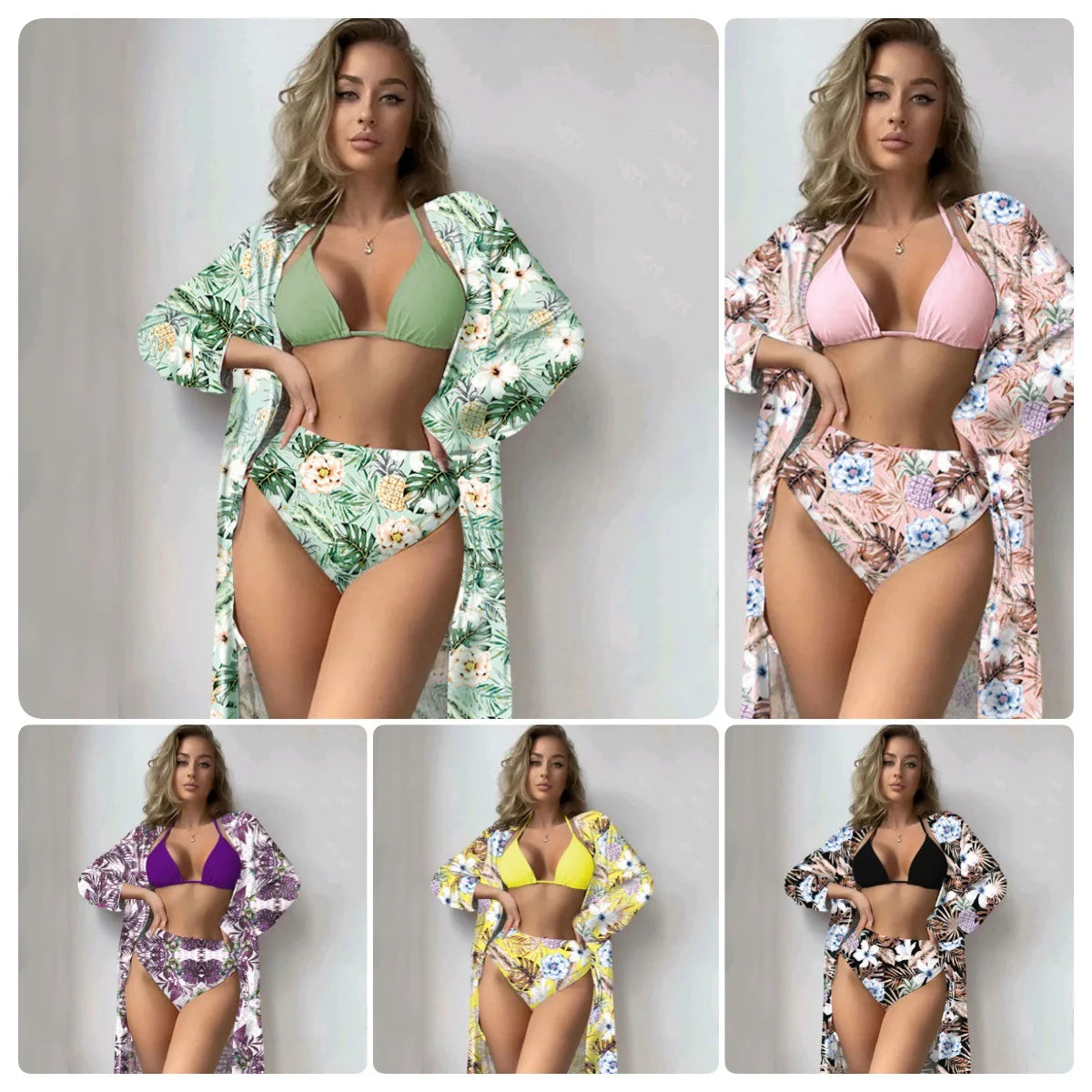 Fashionable Bikini Cover Up Three Piece Set Women Swimsuit Net Shirt High Elasticity Polyester Fabric with Chest Pad Bikinis Set