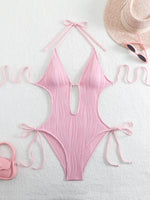 Sexy Halter V Neck Wrinkled Female Swimwear One Piece Swimsuit Women Backless Monokini High Leg Cut Bathing Suit Swim Beach Wear