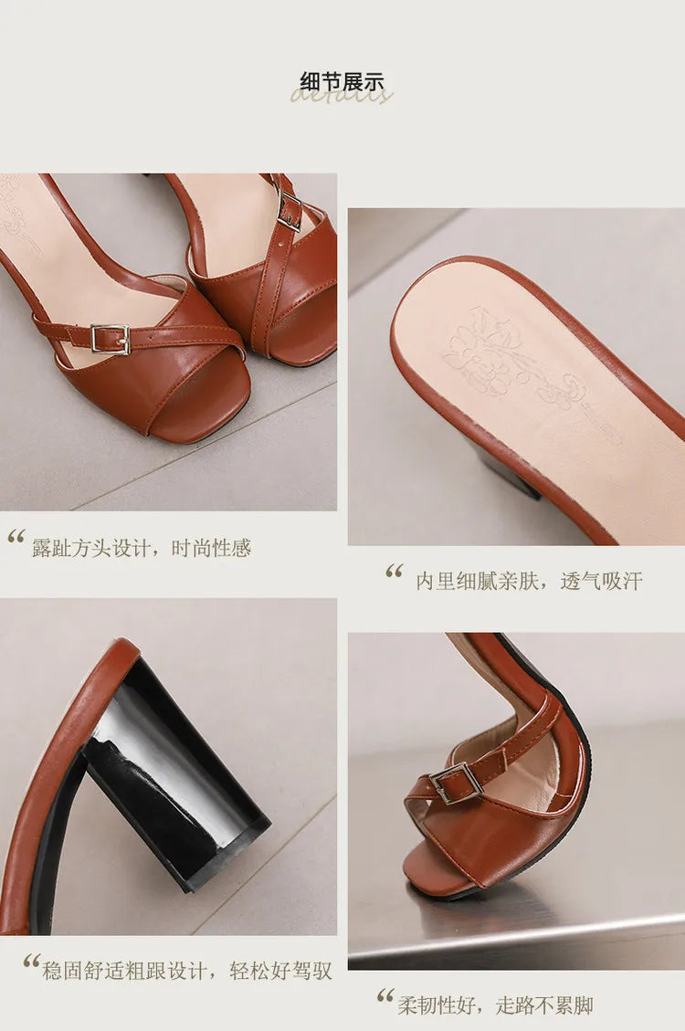 Summer New Fashion Open Toe Solid Color Simple Leather Surface Versatile Color Large Slippers Square Heel Shoes Women