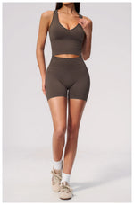 Seamless Gym Yoga Sets Women Breathable I-shaped Shock-absorbing Slim Sports Tank Top High Waist Shorts Training Fitness Suit