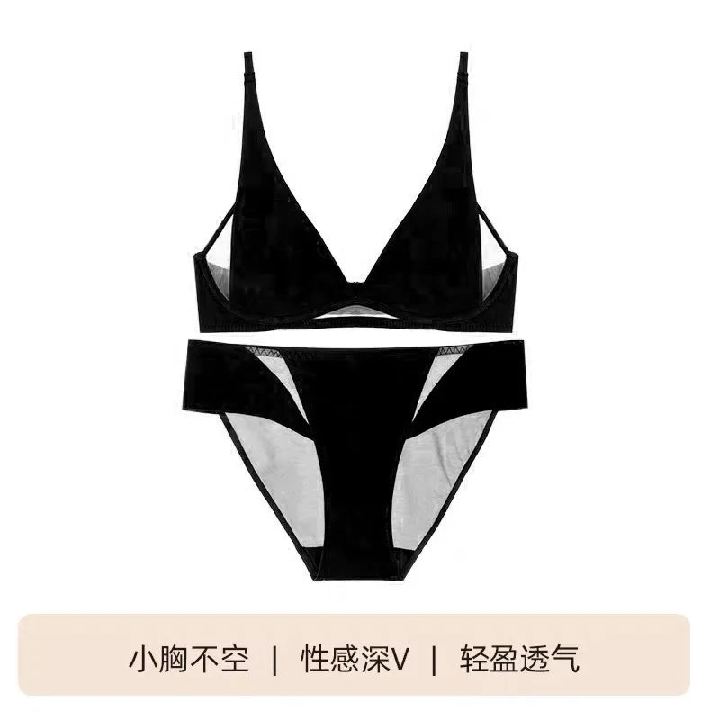 French Triangle Bra Rabbit Ear Cup, Deep V Wireless Bralette for Small Bust, No Gap Sexy Lingerie Set, Breathable Summer Thin