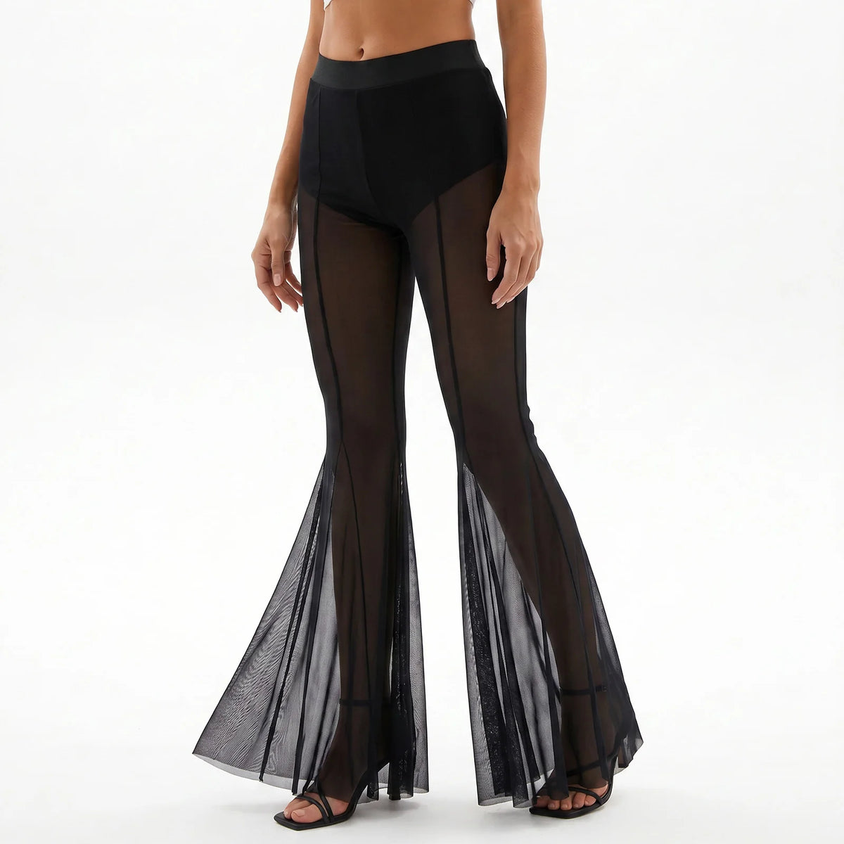 Fashion Women's Flared Pants Elastic High Waist Sheer Mesh Bell Bottoms Trousers Sexy Club Party Summer Streetwear