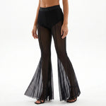 Fashion Women's Flared Pants Elastic High Waist Sheer Mesh Bell Bottoms Trousers Sexy Club Party Summer Streetwear