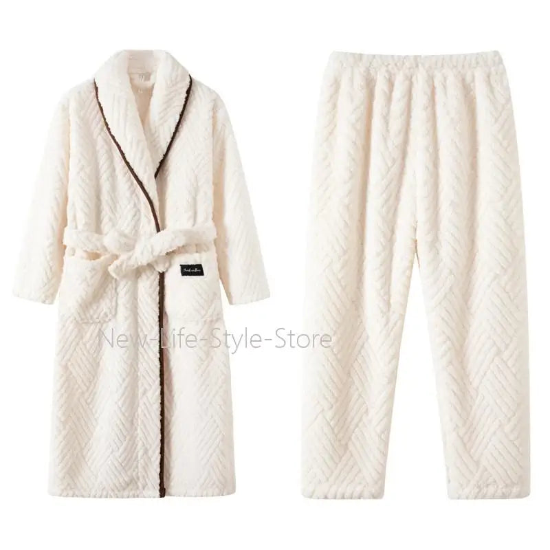 Men Women Jacquard Coral Fleece Bathrobe Autumn Winter Thick Warm Couple Sleepwear Soft Plush Loose Indoor Home Loungewear