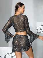 Summer Sleepwear Starry Sky Mesh Pajamas Set Women Flared Sleeve V-Neck Crop Top+Drawstring Bodycon Skirt 2 Pieces Shiny Pajamas