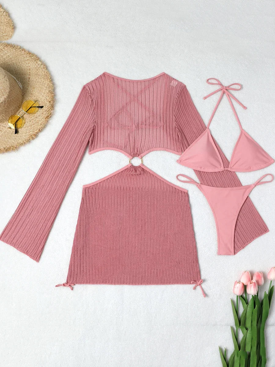 Mesh Sheer Long Sleeve Cover-Up Micro Bikini Female Swimsuit Women Swimwear Three-pieces Bikini Set Bathing Suit Swim Beach Wear