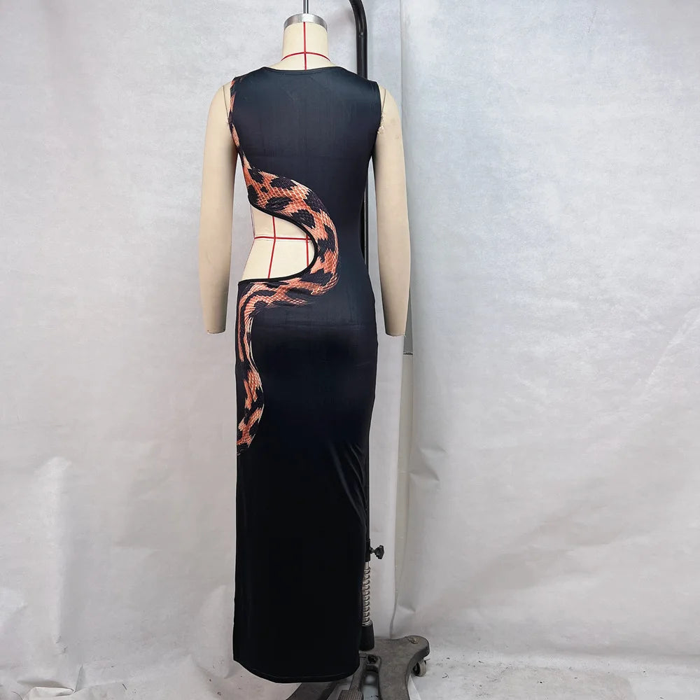 Snake Print Cut Out Slim Long Dress Women Fashion Sexy Package Hip Bodycon Slit Sleeveless Dresses Club Party Vestidos 2025 New