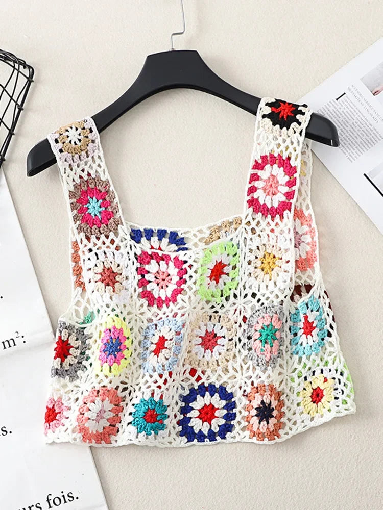 Summer Women Flower Crochet Vest Sleeveless Cover-ups Hollow Out Knit Crop Tops Bohemian Casual Daily Beach Tank Tops