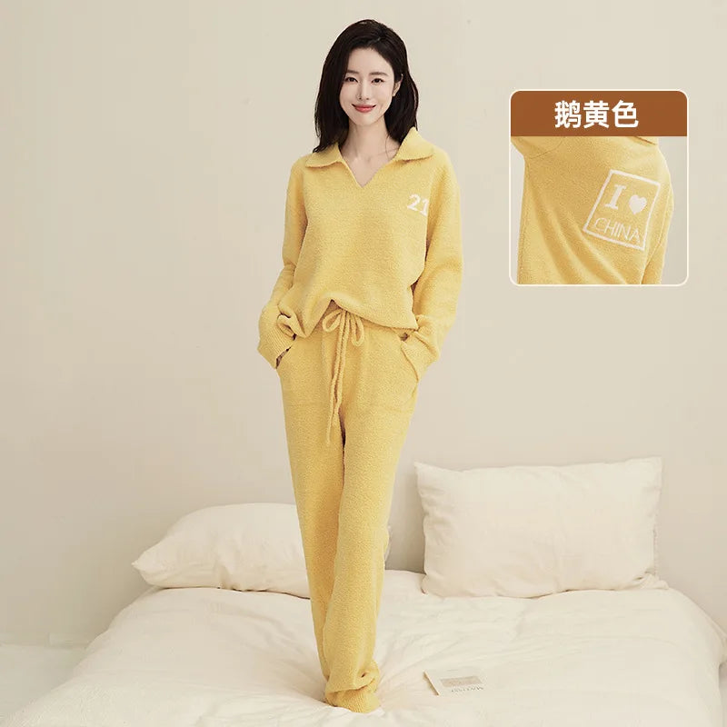Women Winter Half Fleece Pajama Set Thick Warm Long Sleeve Long Pants Cozy Soft Casual Homewear Loungewear Sleepwear Suit