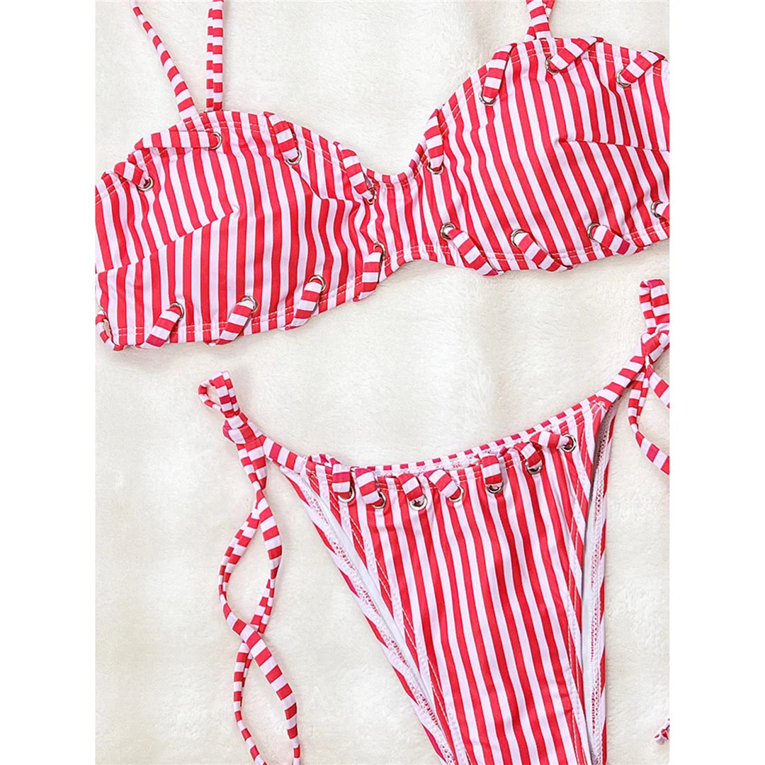 Striped Strappy Bikini Women Swimwear Female Swimsuit Two-Pieces Bikini Set High Leg Cut Padded Bather Bathing Suit Swim V8261