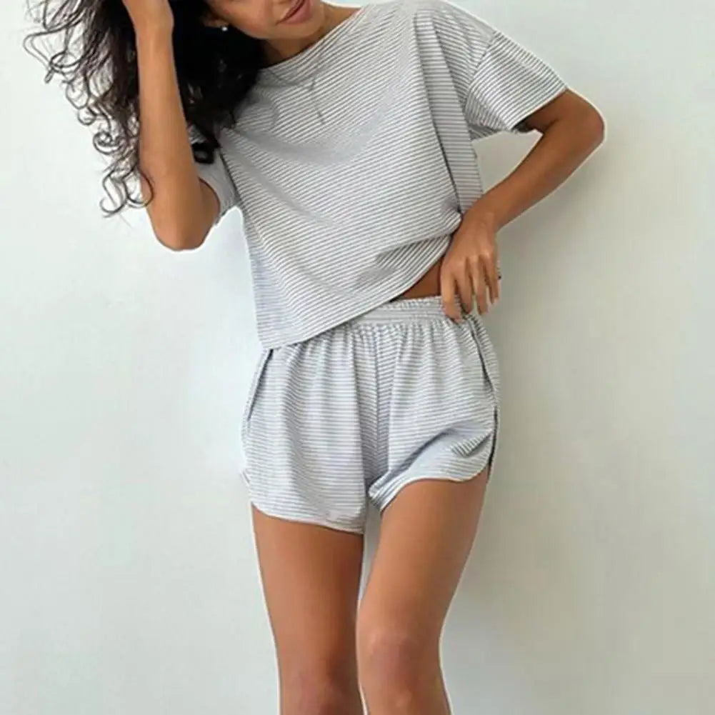 2 Pcs/Set Summer Sleepwear For Women Striped Printed Homewear Top Pants Suit Loose Short Sleeve T-shirt Elastic Waist Shorts