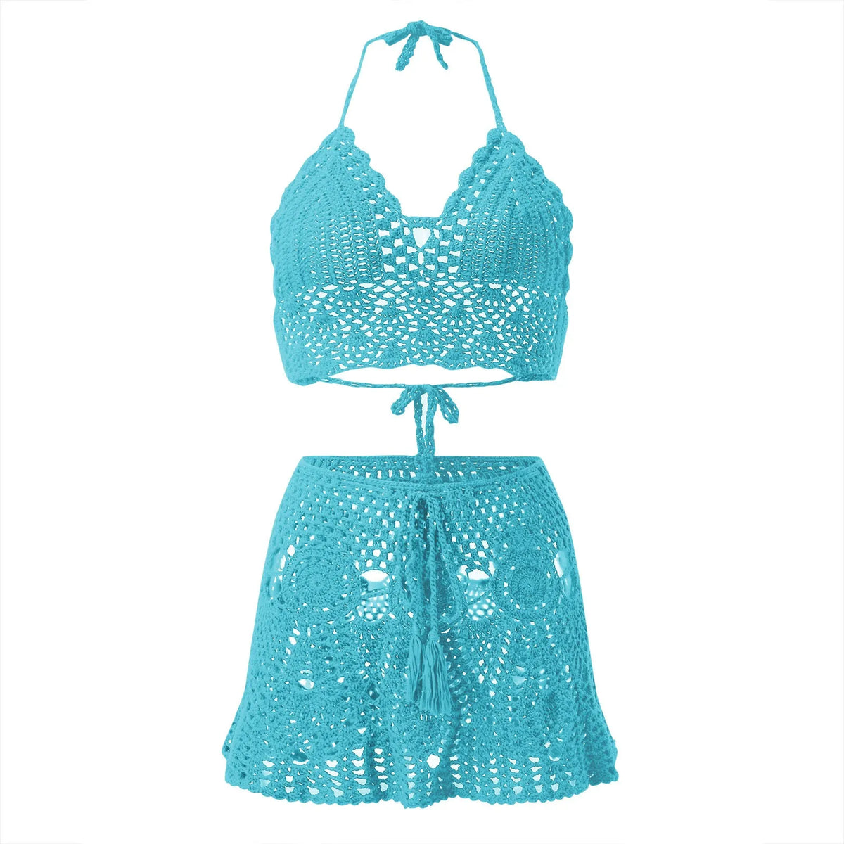 Bikinis Sets for Women Swimwear Crocheted Hollow Out Halter Crop Top Skirt 2 Piece Summer Bikini Beach Wear Swimsuit купальник