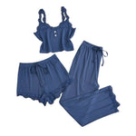 Ladies Autumn and Winter Three-Piece Pajamas Set Including Vest Shorts and Long Pants, Lace Camisole sexy Home Pajamas Set