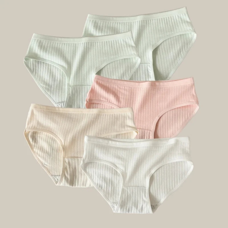 5Pcs/Set Women Cotton Briefs Ribbed Panties Low Rise Underwear Female Underpants Solid Color Sexy Lingerie Soft Intimates M-XL