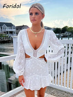 Foridol Waist Hollow Out V Neck Backless White Lace Party Dress Christmas Vestido Robe Ruffled Cotton Long Sleeve Autumn Dress