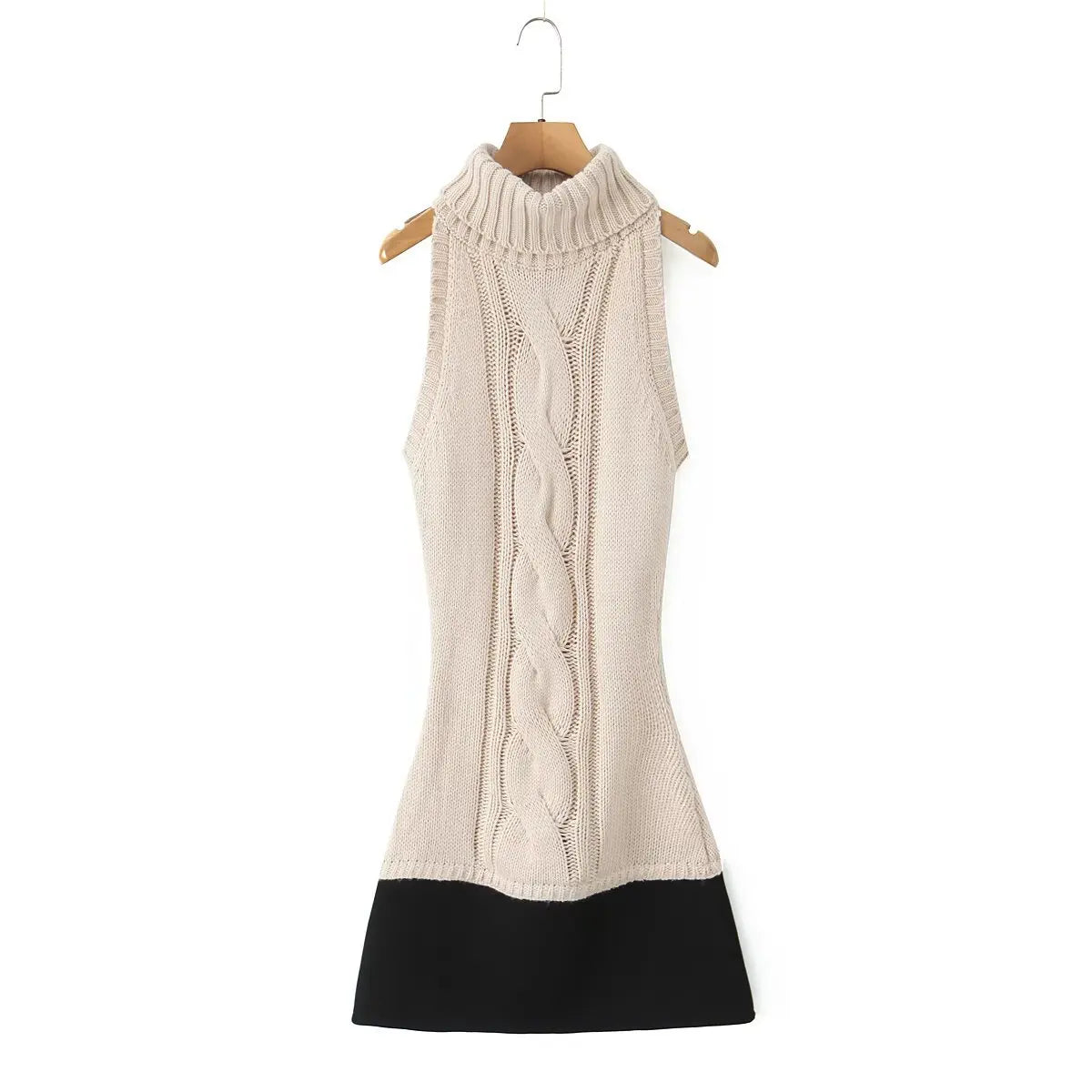 Women's Fashion Patchwork Knitted Dress Knit Sleeveless Dress Bodycon Fit With Contrast Black Hem Cozy Winter Mini Dress CR01