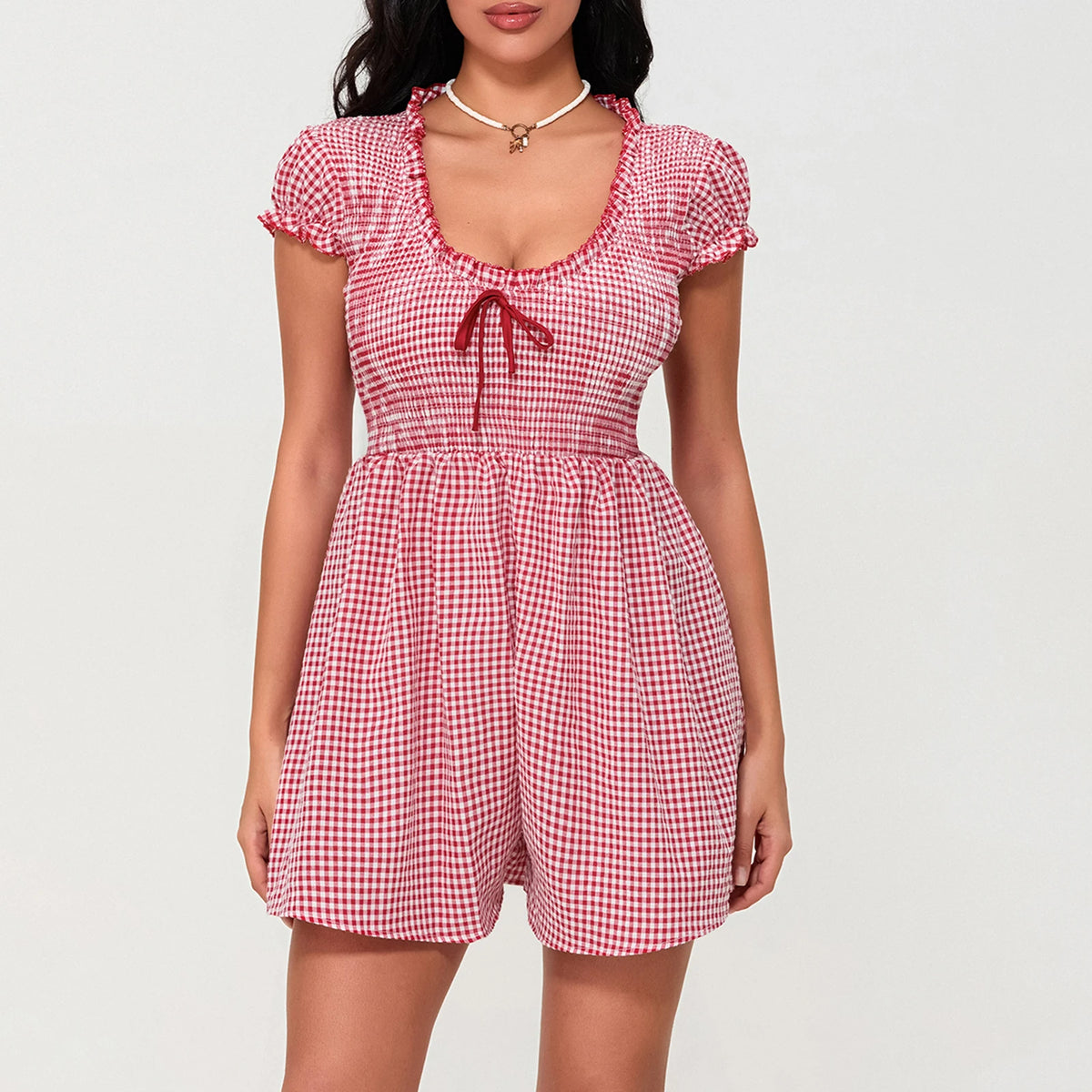 Summer Plaid Rompers Mini Dress for Women Fashion Short Sleeve Sexy Deep V Neck Smocked Waist Slim Plaid Playsuit Jumpsuits