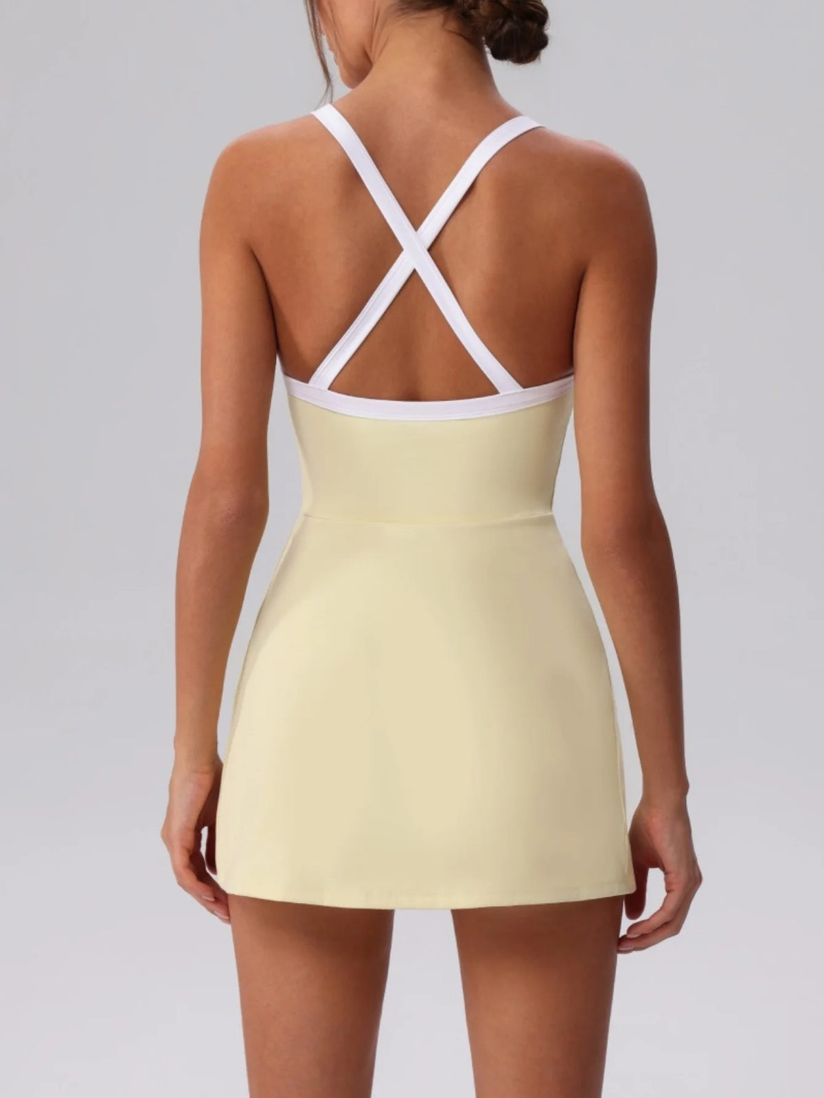 Color Contrast Tennis Dresses Women Beautiful Back Hollow Back Cross Split Skirt Pocket Sports Fitness One-piece Yoga Golf Suit
