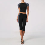 Color Blocking 2PCS Yoga Set Women's Tracksuit Short Sleeve O Neck Sports T Shirts High Waist Cropped Pants Tight Fitness Suits