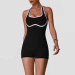 Color Blocking Yoga Jumpsuit Women Sleeveless Hollow Out Backless Slim Sports One Piece Short Suit Gym Running Fitness Rompers