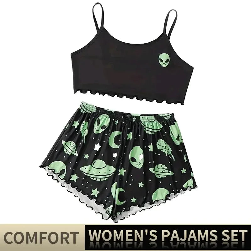 Summer Sleepwear Women Pajamas Set Alien Pattern Printed Sports Camisole Tops and Shorts Casual Loungewear