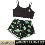 Summer Sleepwear Women Pajamas Set Alien Pattern Printed Sports Camisole Tops and Shorts Casual Loungewear