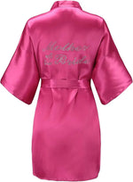 Women's Satin Kimono Robes with Rhinestones Bride Bridesmaid Short Getting Ready Wedding Dressing Gown