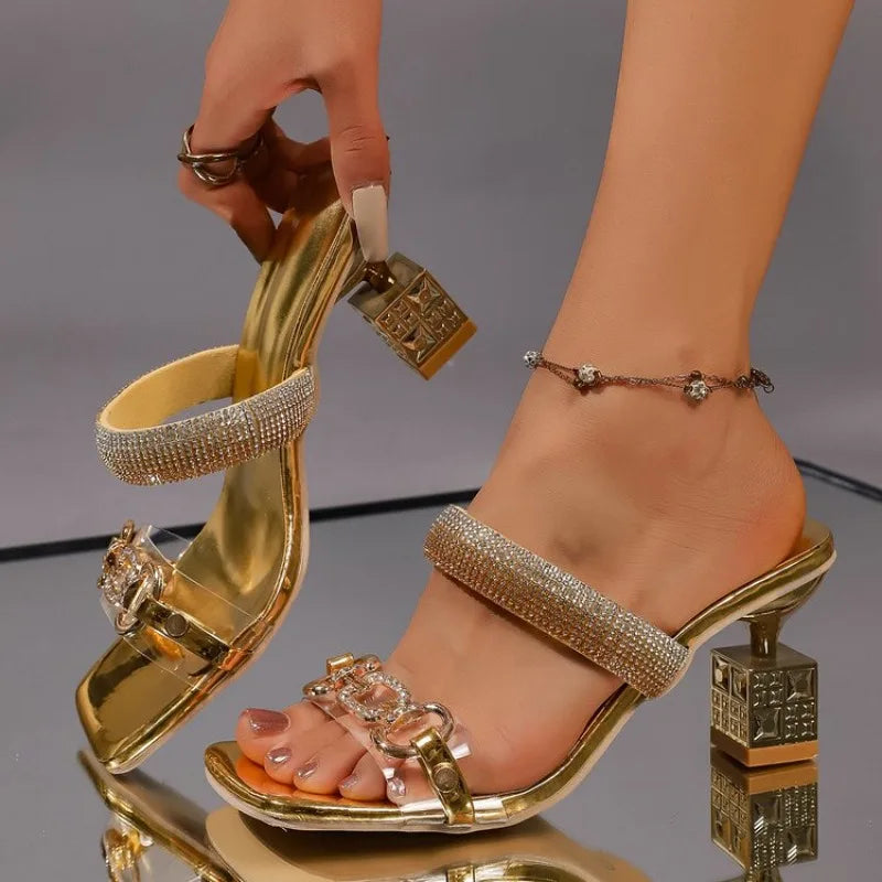 Special-shaped Heel Sandals Summer New Square Head Shallow Mouth Crystal with Set Foot Non-slip High-heeled Slippers