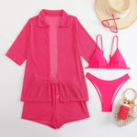 Summer 4 Piece Bikinis Sets Women Black White Mesh Half Sleeve Cover Up with High Waist Panties Swimsuit Bathing Suit Swimwear