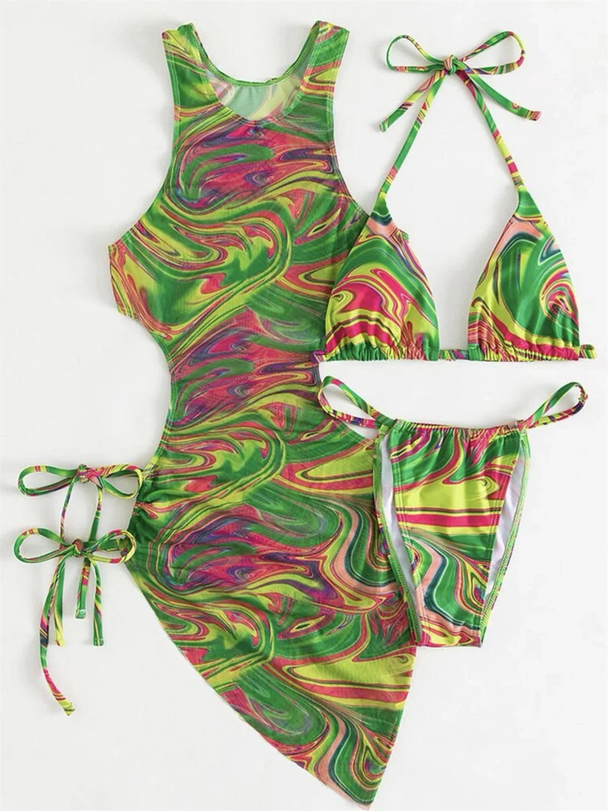 Dress Bikini 2025 Women Sexy High Neck Cut Out Mesh Cover Up Pleate Swimsuit Orange Gradient Bathing Suit Beach 3 Piece Swimwear