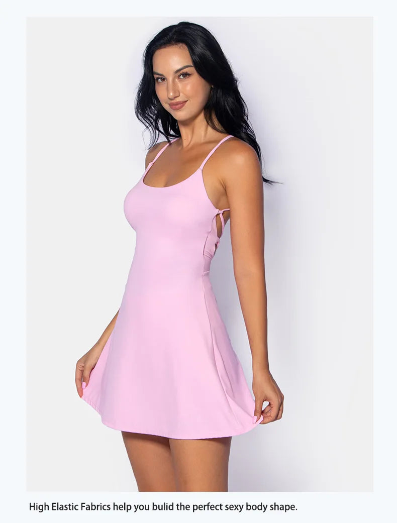 Summer Sleeveless Tennis Dress for Women Pink Hollow Out Backless Lace Up Gym Fitness Golf Badminton Pocket Skirt Suit Sportwear
