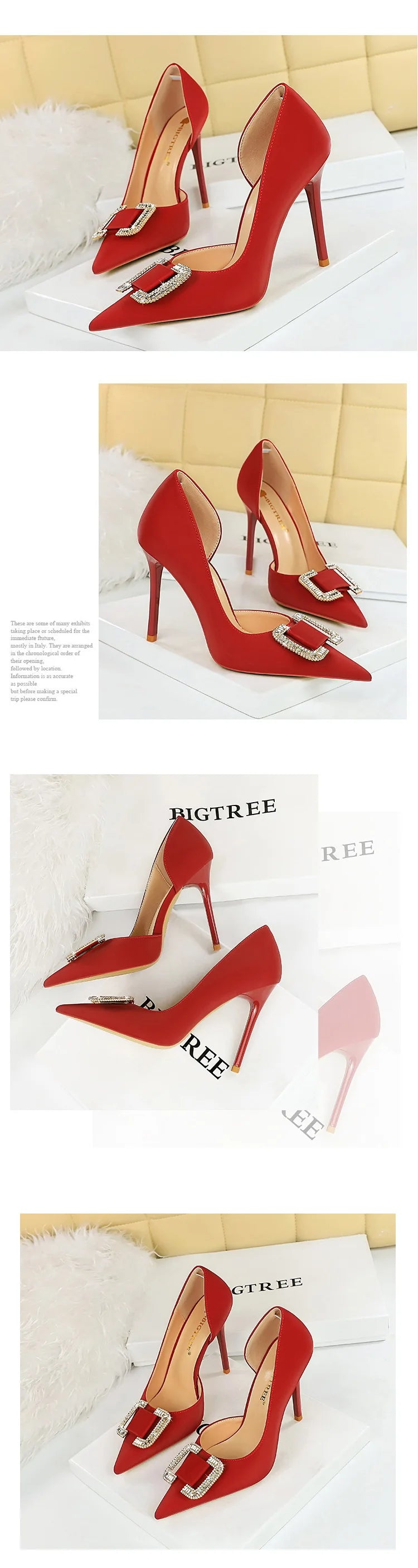 BIGTREE Pumps Elegant Pointed Crystal Buckle Slim High Heel Single Shoes Women Silk Spring/Summer High Heel Pumps Wedding Dress