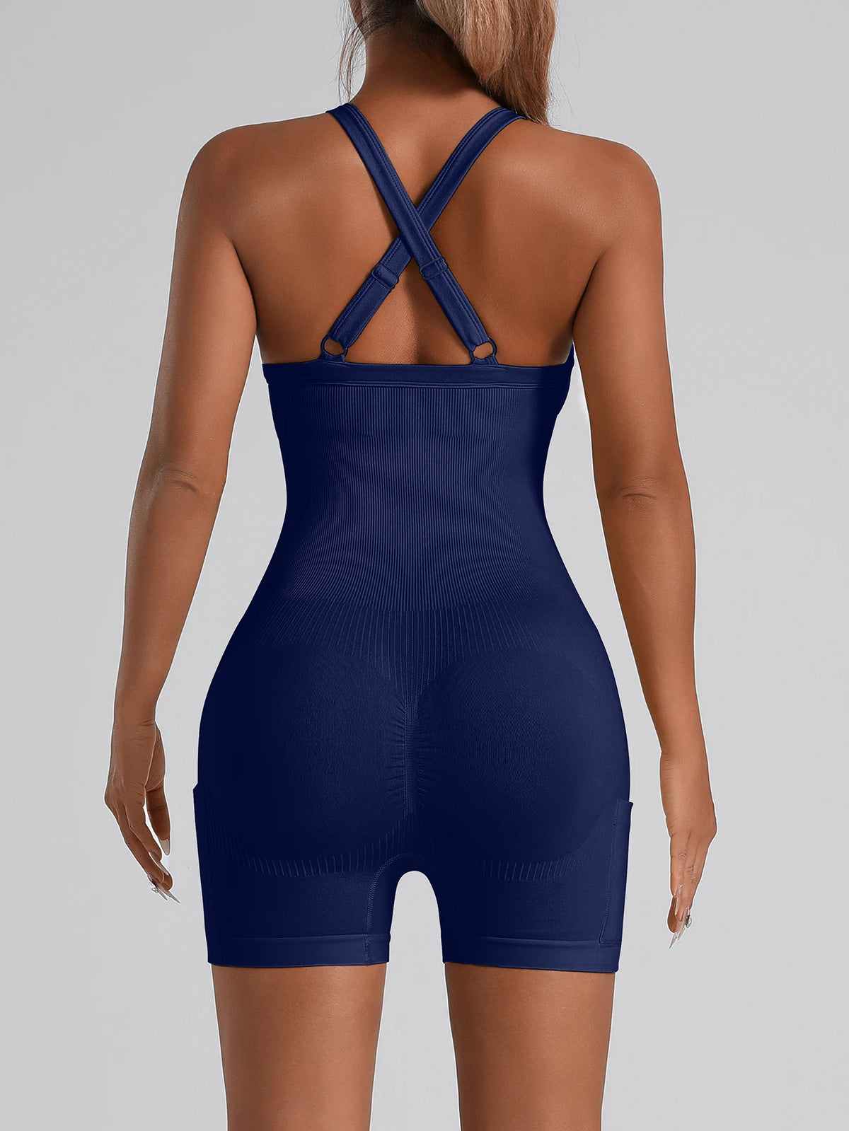 Adjustable Crisscross Back Fitness One Piece Jumpsuit Side Phone Pocket Tummy Control Athletic Yoga Bodysuit