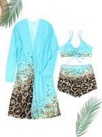 Women Bathing SuitPrint Leopard Bikinis 3 Pieces Swimsuit Kimono High Waist Bikini Shorts Long Sleeve Beach Cover Up Swimwear