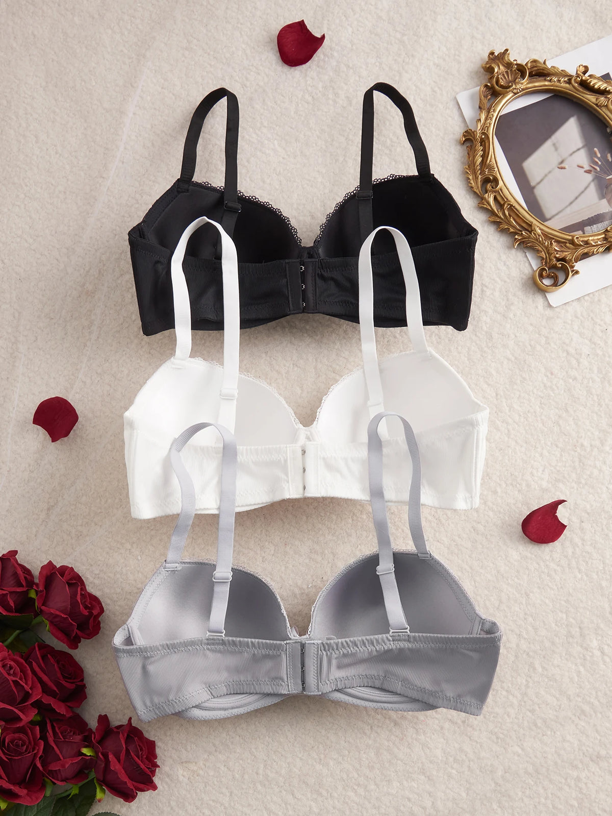 3Pcs Plus Size Women's Bras Lace Trim B C D E Thin Cup Ribbed Push up Bra Underwire Side Support Soft Women's Underwear Set