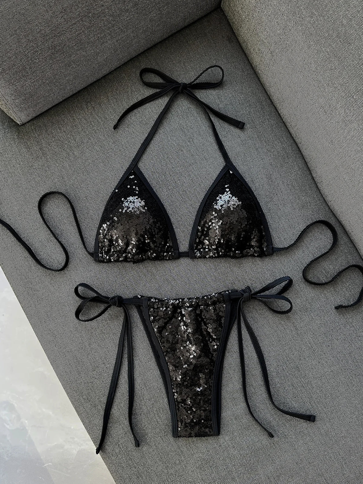 Shiny Sequin Blue Bikini Set 2026 Women Sexy Halter Push Up Bra Bandage Thong Swimsuit Beach Bathing Suit Hoiday Micro Swimwear