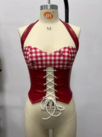 Summer Red White Plaid Corset Women Hanging Neck Bandage Cross Slim Fishbone Tank Top Retro Sleeveless Y2K Club Party Camisole