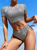 Shiny Sequins Cross Backless Short Sleeve Bikini Women Swimsuit Female Swimwear Two Pieces Bikini Set Bather Bathing Suit Swim