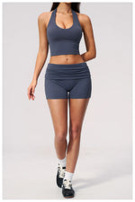 2PCS Yoga Set Women V-neck Cross Neck Shock-absorbing Sports Vest Workout Pleate Flip High Waist Shorts Gym Runing Fitness Suits