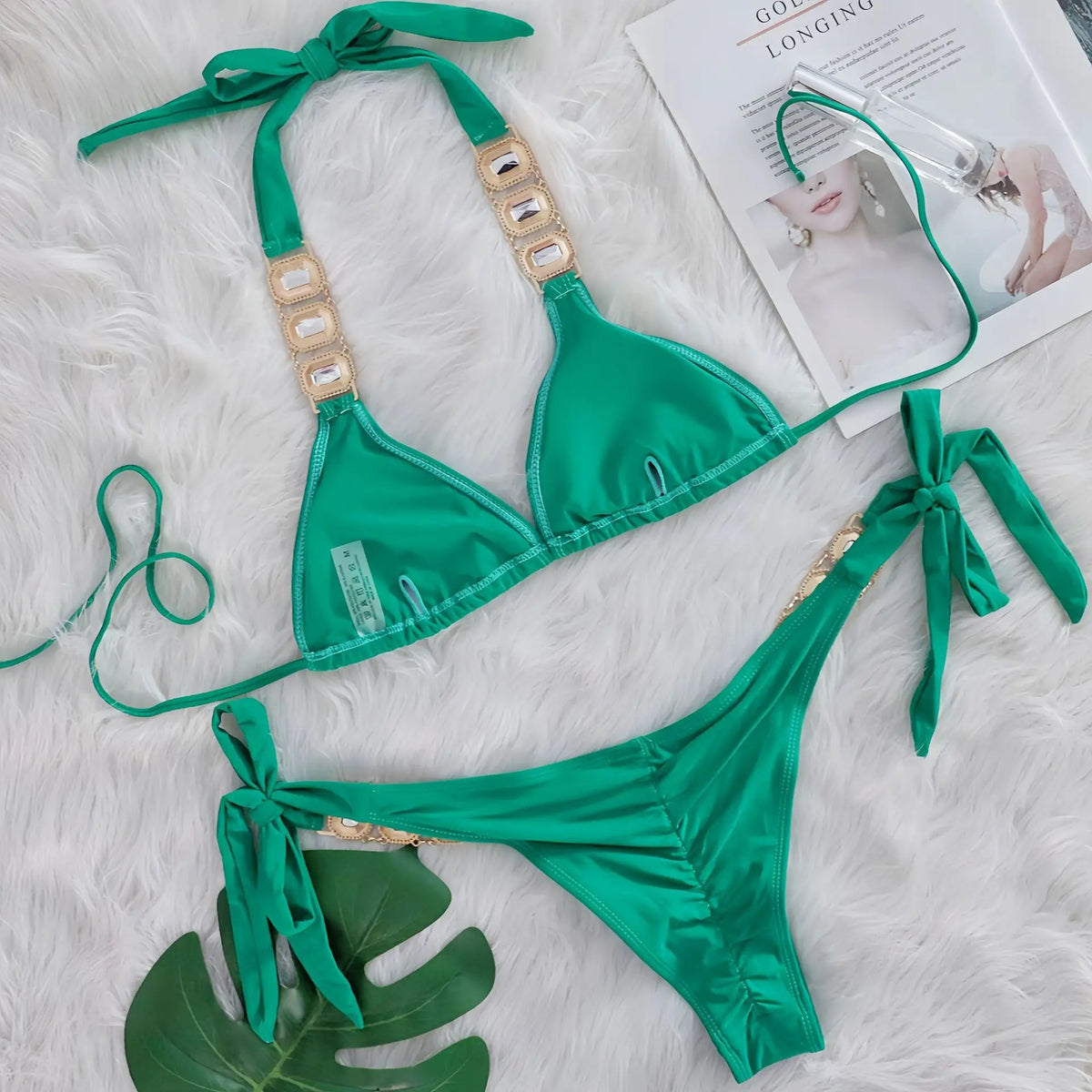 DEKA Women's Rhinestone String Green Bikini Set Sexy Female Beach Vacation 2 Piece Swimsuit