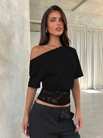 FDYOUI Sexy Chic Diagonal Collar Lace Patchwork T-shirts 2026 Women Short Sleeve Irregular Cropped T Shirt Lady Tunics Tops Tees