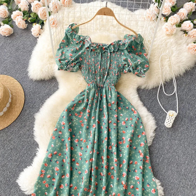 2025 Summer French Vintage Floral Dress Fashion Elegant High-Waisted Drawstring Vestidos Printed Fresh And Sweet Long Dresses